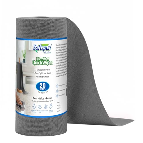 Image of SOFTSPUN Microfiber Cleaning Roll - 20 Quick Wipes, 10X Cheaper Than Paper Kitchen Roll Reusable & Lint-Free Cloth for Kitchen, Glass & Home Cleaning | 25x25 cm (Grey)