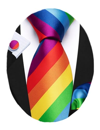 Barry.Wang Man Stripe Ties Set Silk Pocket Square Necktie Cufflinks