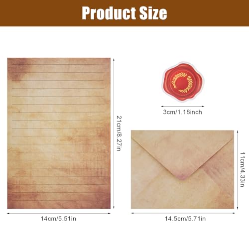 KineticKraft Vintage Briefpapier mit Umschlag Set, 160 Stück, 50 Vintage-Papier Umschläge, 50 A5 Briefpapier, 3 Wachssiegelaufkleber, Hochzeit, Geburtstag, Retro-Design, Braun