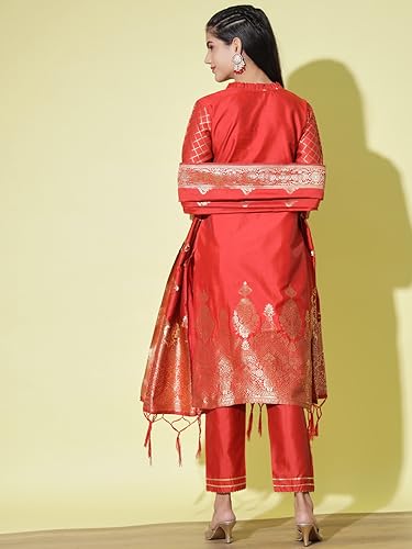 Image of VredeVogel Women's Cotton Silk Jacquard, Banarasi Silk Kurta Pant With Dupatta Set