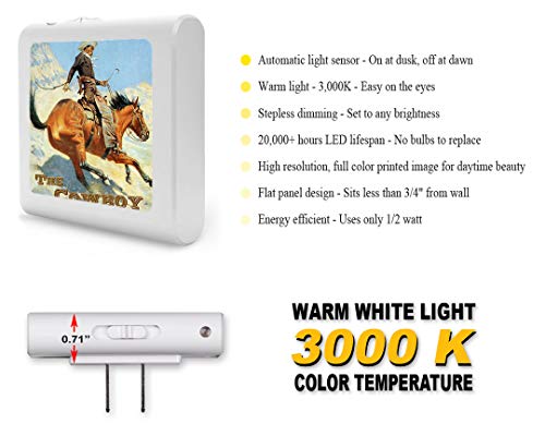 Image of Art Plates Plug in Dimmable LED Night Light with Dusk to Dawn Auto Sensor, Adjustable Brightness, Warm Light, Auto On-Off Nightlight for Bathroom, Hallway, Nursery, Bedrooms - Horse-The Cowboy