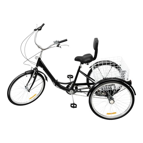Futchoy Triciclo plegable de 24 pulgadas, 7 marchas, bicicleta urbana de 3 ruedas con cesta y respaldo, para adultos, para la compra, color negro