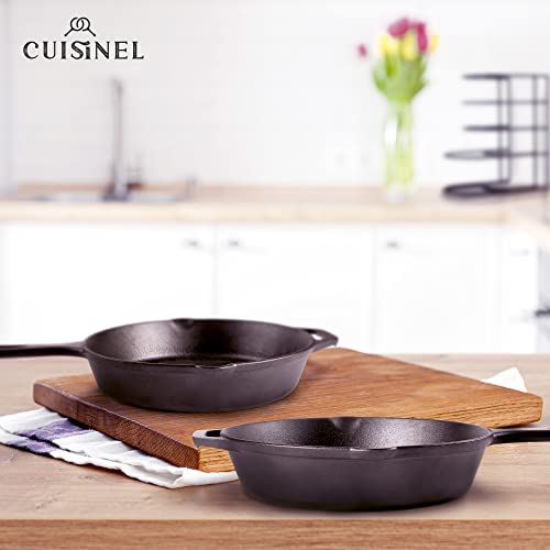 Image of Cuisinel Cast Iron Skillets Set - 10 inch + 12 inch-Inch Pre-Seasoned Frying Pans + Removable Silicone Handle Holder Grips + Pan Scraper - Oven-Safe Cookware Kit + Accessories + Handle Helper