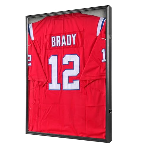 Image of Grintus Large Jersey Frame Display Case Jersey Display Case Jersey Shadow Box with Uv Protection Acrylic and Hanger for Baseball Basketball Football Soccer Hockey Sport Shirt and Uniform,LinenBack