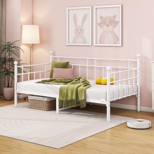 HOMERECOMMEND Tagesbett Bettgestell 90x200 cm,Metallbett Schlafsofa Bett 90x200 cm mit Stauraum unter dem Bett Bettrahmen Jugendbett,Tagesbett Bettrahmen für Schlafzimmer Wohnzimmer,Weiß – Bild 4