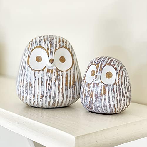 Huey House Chubby Night Owl Decor Statue Sculpture, Bookshelf Decor Accents, Boxed Set of 2 Rustic Brown & White (3⅛ & 4⅓ inches) Decorative Resin Figurines