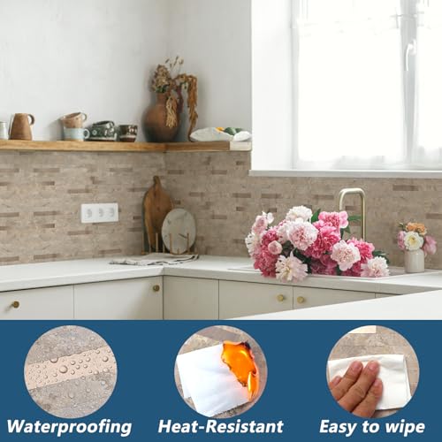 Yipscazo 10 Sheets Peel and Stick Stone Metal Tile Backsplash, Stick on Tiles for Backsplash Kitchen, Bathroom, Laundry Room, Camper, Fireplace (12'' X 12'', Beige Stone with Gold Metal) by Yipscazo - Used condition - Image 3