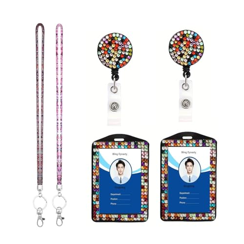Fashion 2PCS Rhinestone Bling Lanyard with Id Badge Holder, Rhinestone Lanyard for Id Badges,Jeweled ID Card Holder,Crystal Retractable Badge Reel Neck Lanyard (Black Multicolor and White Multicolor)