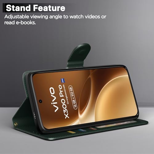 Image of Amazon Basics Flip Cover for Vivo X300 Pro 5G Leather Finish | Wallet Stand and Shock Proof | Inside TPU with Card Pockets | Complete Protection Flip Case (Green)