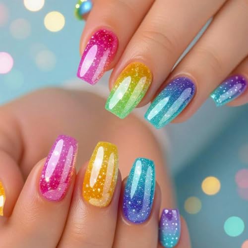 Rainbow Ombre Press on Nails Medium Coffin Fake Nails Colorful Gradient False Nails with Glitter Designs 24Pcs Glossy Reusable Full Cover Stick on Nails for Women Summer Manicure