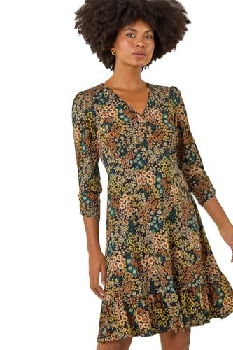 Roman Originals Tea Dress for Women UK Ladies Frill Hem Skater Wrap Jersey Stretchy Fit & Flare Flattering Knee Length Cocktail Party Occasion Holiday Going Out - Floral Teal - Size 16