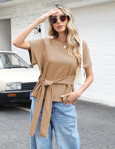 Zhiyouni Women's Summer Short Sleeves Tee T Shirt Crewneck Tie Knot Tops Sweatshirt2