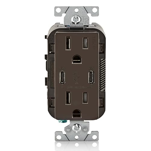 30W (6A) USB Dual Type-C/C in-Wall Charger with 15A Tamper-Resistant Outlet, USB Charger for Smartphones and Tablets, Not for Laptops, Brown - Leviton T5637-B