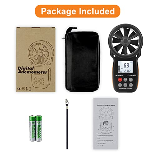 Windmesser Windmessgerät LC-100-APP, Digitales Anemometer mit Bluetooth APP & Aufzeichnung, zur Überwachung von Windchill/Windgeschwindigkeit/Temperatur, mit Hintergrundbeleuchtung und Stativgewinde
