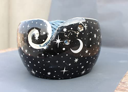 Image of Multi Purpose Wooden Yarn Bowl - Rosewood Yarn Holder - Handmade Knitting & Crochet Bowl | Large Yarn Bowl Mother's Day Gift (Moon & Stars)