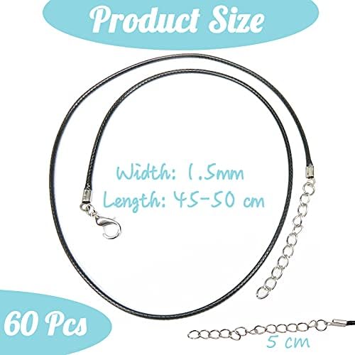 60 Pcs Waxed Necklace Cord, Black Leather Braided String Cord Adjustable Rope Jewelry Making Accessories Supplies with Lobster Claw Clasp for DIY Bracelet Necklaces Pendants (1.5 mm)