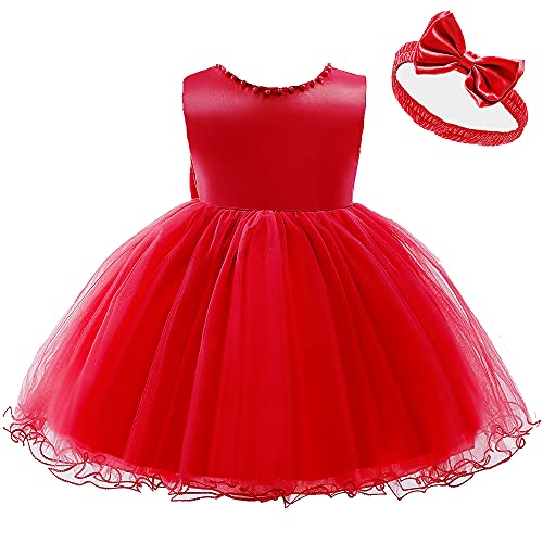 Little Girls Christmas Pageant Tulle Dresses Kids Toddler Formal Baptism Ball Gown Tutu Lace Flower Dress (Red,100) #TOP2