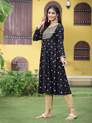 Image of Juniper Women's Rayon Foil Printed Anarkali Flared Kurta