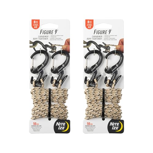 Nite Ize Figure 9 Carabiner Rope Tightener - Heavy-Duty Carabiner Clip - Cord & Rope Tightener with Wire Gate - Carabiner Camping Accessories & Tent Essentials - Small, Black (2 Pack)
