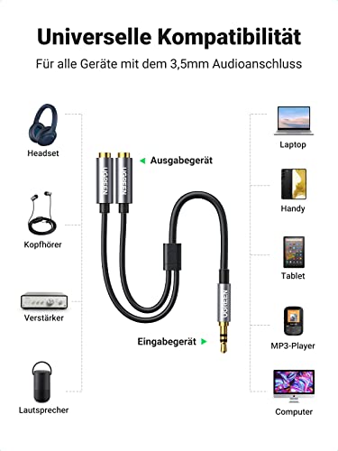 UGREEN Audio Splitter 3,5mm Aux Splitter Verlängerung Kabel für Zwei Kopfhörer, Klinke Splitter kompatibel mit Kopfhörer, Handy, PC, Tablet, Headset, Autoradio, Lautsprecher usw. 20cm Grau