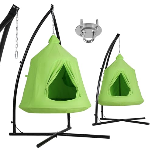 Clevich Hängehöhle,Hängesessel mit Gestell for Indoor & Outdoor,Hängeschaukel,Hängematte mit aufblasbarem Kissen,Schaukelstuhl int LED-Leuchten,150kg Therapieschaukel Garten Wohnzimmer(Grün)