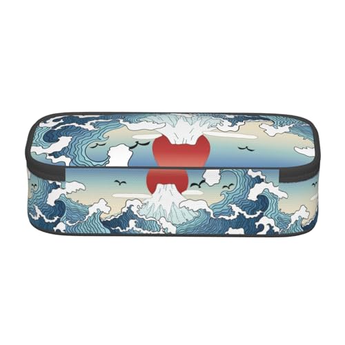 Image of Japanese Blue And White Waves And Mount Fuji Large Pencil Case, Pencil Pouch With Zipper Compartments Stationery Pencil Bag For Kids Teens Students School Supplies