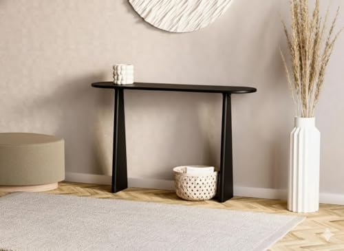 Image of Furniture Modern Solid Wood Console Table with Rounded Edges, Natural Finish, Minimalist Scandinavian Style Entryway Furniture (Style 2, Black, 140x30x80 cm)