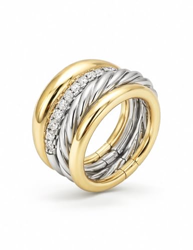 Grozilym Stackable Rings for Women, Set of 4 Two Tone Gold and Silver Rings, Cubic Zirconia Stacking Ring Set, Fashion Statement Band Rings for Women, Sizes 6 7 8