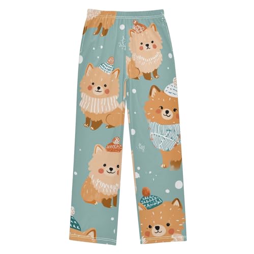 ZZXXB Lovely Pomeranian Snow Print Boys Long Pants Soft Trousers Elastic Waist Kids Lounge Bottoms with Pockets S-XL