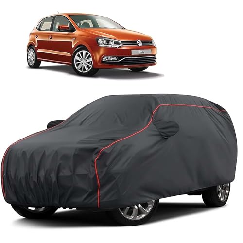 Image of Sulfar 100% Water Resistant Car Body Cover Compatible with Mirror for Volkswagen Polo Equisite (Triple Stitched, Full Bottom Elastic, Dark Grey Taffeta with Red Piping)