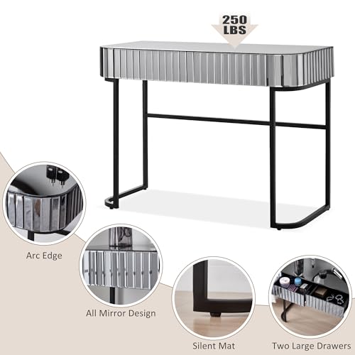 Image of Modern Vanity Table, 39 inch Mirrored Makeup Vanity Table with Stainless Steel Base, Mirrored Console Dressing Table with 2 Drawers, Versatile Desk for Bedroom and Office (Gray /109)