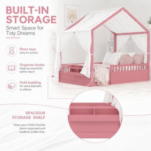 Image of Bellemave Full House BedFrame with Canopy, Montessori House Bed with LED and Bookshelf and Rails for Kids, Pink