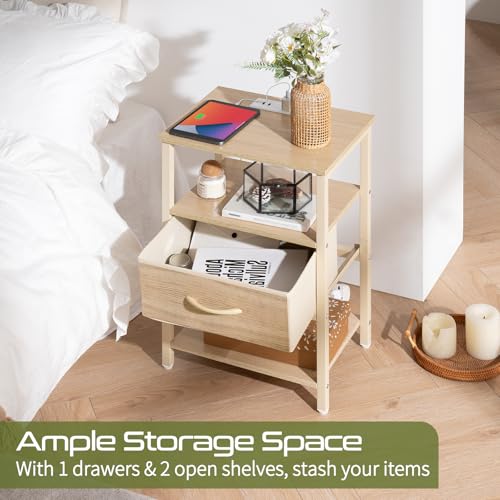 Image of Yoobure Night Stand with Charging Station, LED Nightstand for Bedroom, Bedside Tables with Adjustable Fabric Drawer, 3-Tier End Table Living Room, Small Side Table with Storage, Natural Wood