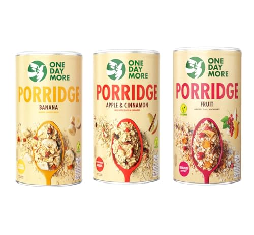 OneDayMore Porridge Set 1350g – Apfel & Zimt, Banane, Frucht Ohne Zuckerzusatz Mit natürlichen Zutaten Ballaststoffreich 3×450g