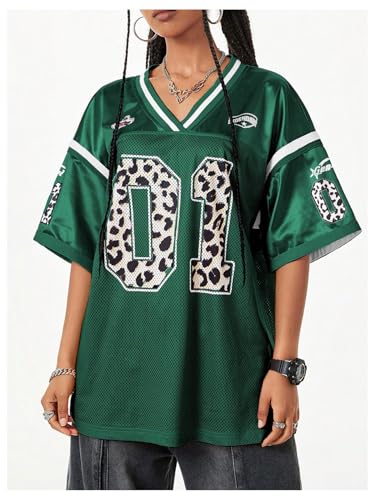 Verdusa Women's Y2k Jersey Shirt Baggy Shirt Oversized Tshirts Leopard Print V Neck Tshirt Tops3