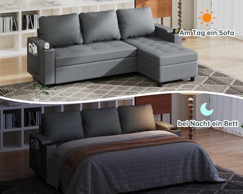 JUMMICO Schlafsofa mit Bettkasten L Form Sofa mit Schlaffunktion 3 Sitzer Couch klein Ecksofa Schlafcouch Ausziehbar Wohnlandschaft für Wohnung und Wohnzimmer Hellgrau