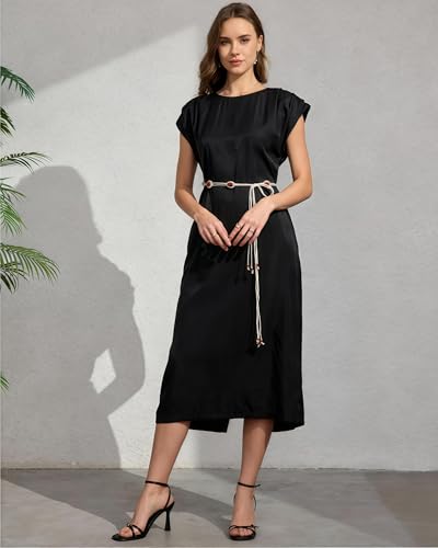 Women's Summer Black Casual Cap Sleeve Back Split Shift Elegant Office Rayon Pockets Dress with Decorative Waist Chain Ladies Straight Calf Length Work Business Vocation Holiday Dresses — view 3
