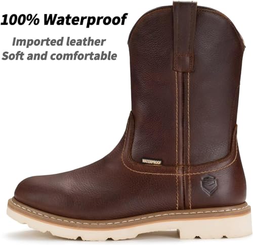SUREWAY Mens 10 in Soft/Steel Toe Waterproof Wellington Boot,Heavy Duty Pull On Work Boots for Men,Full Grain Leather,Goodyear Welted,Superior Slip Resistant,Waterproof Soft Toe Dark Brown,Size 10.52