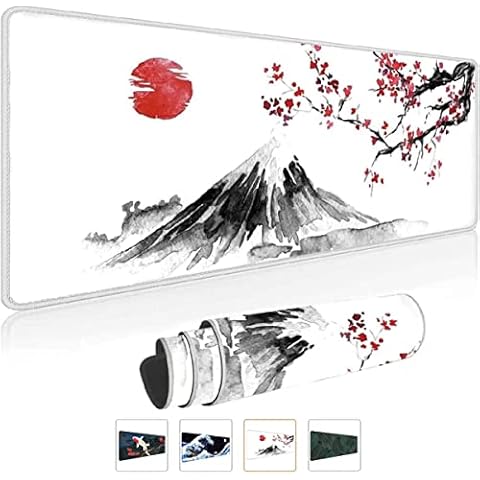 Gaming Mauspad Weiß XXL 800 x 300 mm Japan Tuschemalerei Berg Sakura Sonne Berg Fuji Mousepad Groß Vernähte Kanten Wasserdicht Anti-Rutsch Cover