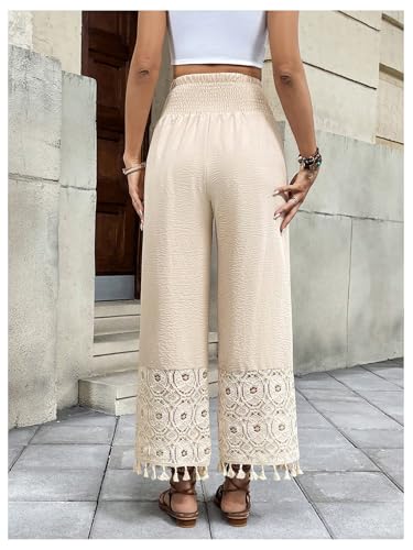 MakeMeChic Women's Boho Elastic High Waist Wide Leg Pants Fringe Shirred Trousers3