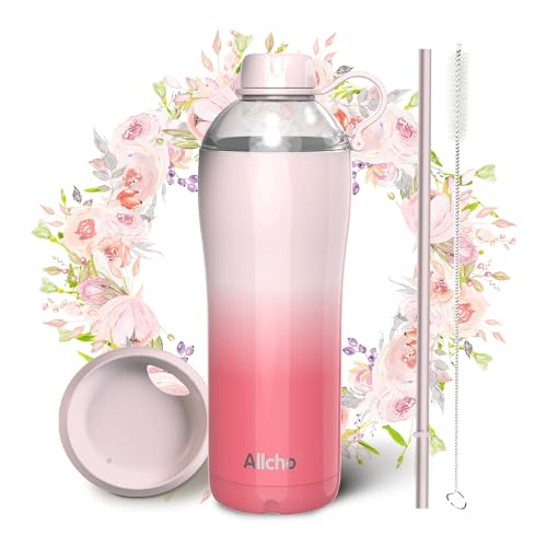 Image of Insulated Water Bottle for Women, 24 oz Stainless Steel Water Bottles, Double Walled, 2 Lids (Chug & Tumbler) - Hydrate & Caffeinate,Available Gift Wrapping