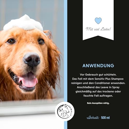Annimally Sensitiv Plus Leave-In Spray - Natürliche Kämmhilfe & Glanzspray für sensible Hunde & Welpen, ph-neutrales Kämmspray, ohne Silikone, Parabene & künstliche Duftstoffe - 500 ml