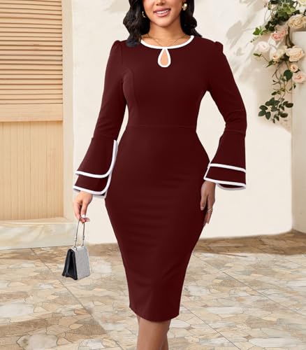 Image of ZonJie Church Dresses for Women Bell Sleeves Business Wear to Work Cocktail Party Pencil Casual Dress