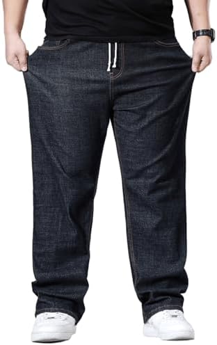 Plus Size Baggy Jeans for Men Elastic Waist Pull On Denim Pants Drawstring Straight Loose Jean Sweatpants L-5XL Black