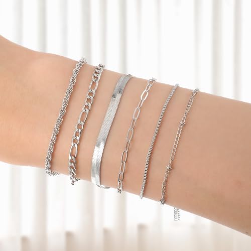 Trendy Bracelets for Women, Silver Dainty Stackable Bracelet, Adjustable Boho Bangles Charm, Waterproof Non Tarnish Bangle Cuff Beaded Bracelet Set, Women Stack Bracelets Jewelry Gifts3