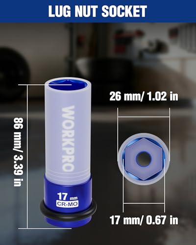 Image of WORKPRO 1 /2 inch Drive Lug Nut Impact Duty Socket, 17mm Deep Thin Wall Socket | Made of Premium Cr-Mo Steel, Non-Marring Lug Nut Wheel Sockets for Car
