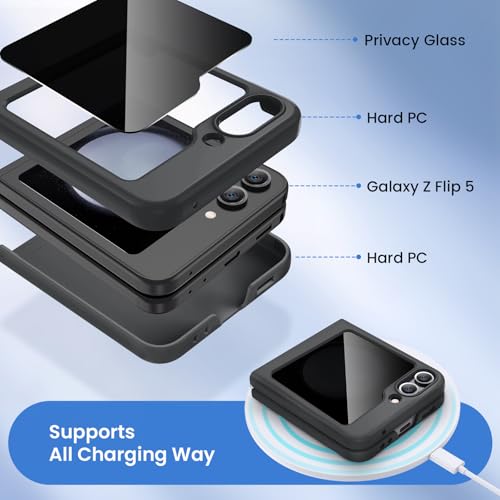 Image of Ruky for Z Flip 5 Case Built-in with Privacy Screen Protector, Black | Support Wireless Charging, Full Body Cover Shockproof Hard PC Ultra-Thin Phone Case for Samsung Galaxy Z Flip 5, Black