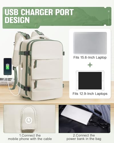 Image of Vacuum Backpack Travel with Pump for Women,Flight Approved 18x14x8 inches,Travel Backpack with Vacuum System,15.6 Inches Laptop Bag,Rice White with Green