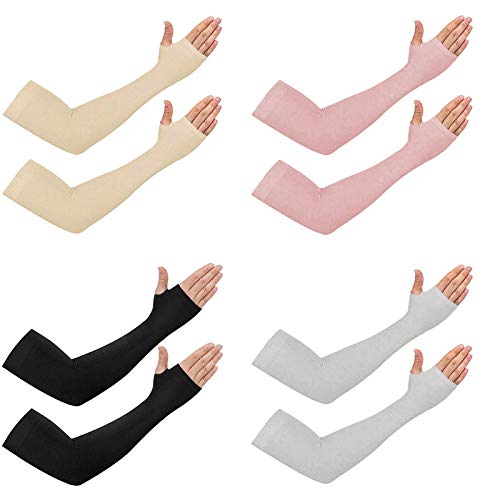 QSN STUFF Unisex Cotton Spandex UV Sun Protection Cooling Arm Sleeves with Thumb Hole Compression Sports Tattoo Cover Up Sleeve for Biking Cycling Outdoor Sports - Pack of 4