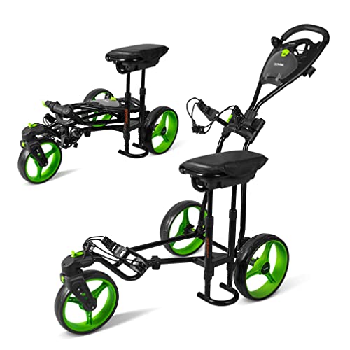 Jovial 3 Wheel Collapsible Golf Cart, Upper And Lower Brackets With Elastic Strap, Simple Quick Braking System, Golf Trolley Accessories, With New Deluxe Scorecard Holder And Bag Holder, Black,Green #TOP25